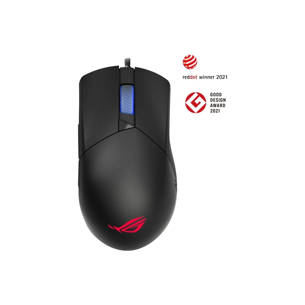 Kırmızı logolu ve mavi ışıklı siyah oyuncu faresi, Red Dot Award 2021 galibi.