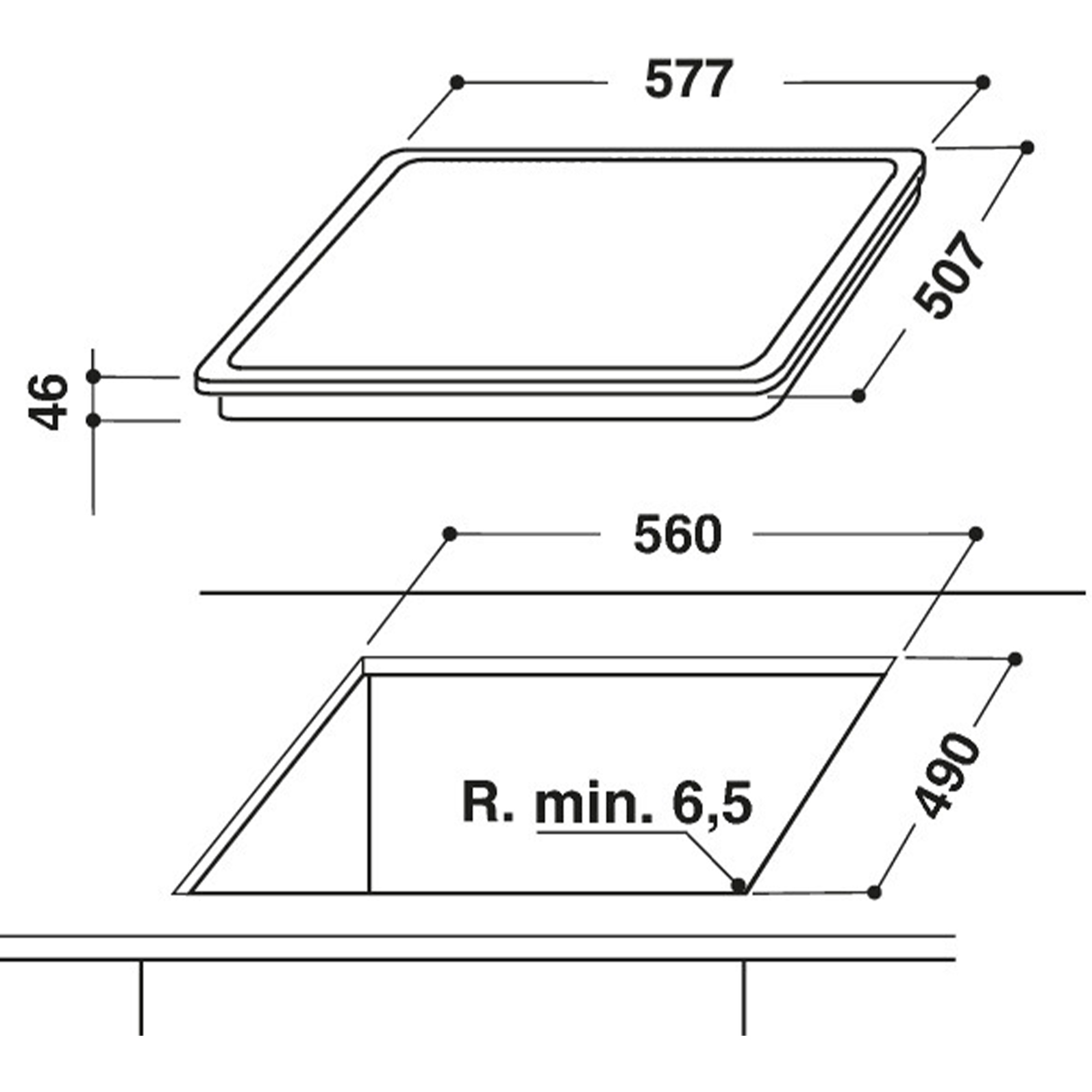 Einbauzeichnung eines Kochfelds mit Maßen 577x507mm und Ausschnitt 560x490mm.