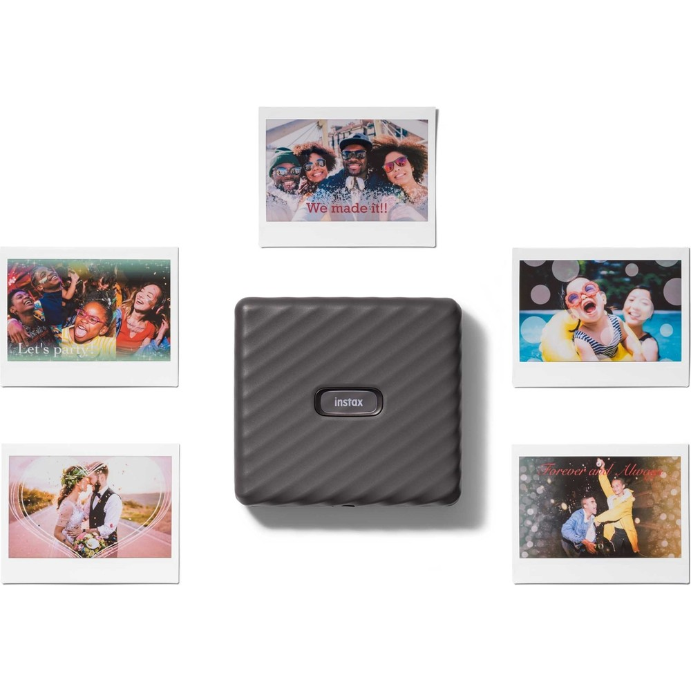 Kutlama yapan, evlenen ve yüzen insanların beş anlık fotoğrafıyla çevrili gri bir Instax yazıcı.
