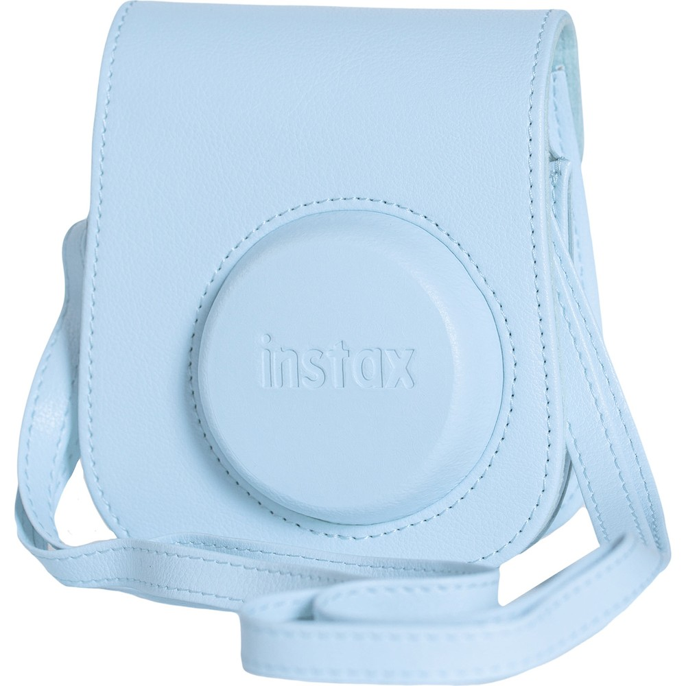 Askılı, suni deriden açık mavi Instax kamera çantası.