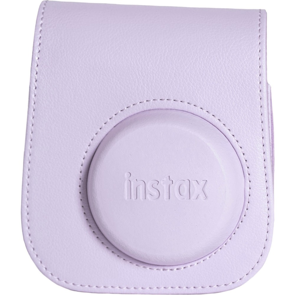 Kabartmalı logolu lavanta rengi Instax kamera deri çantası.