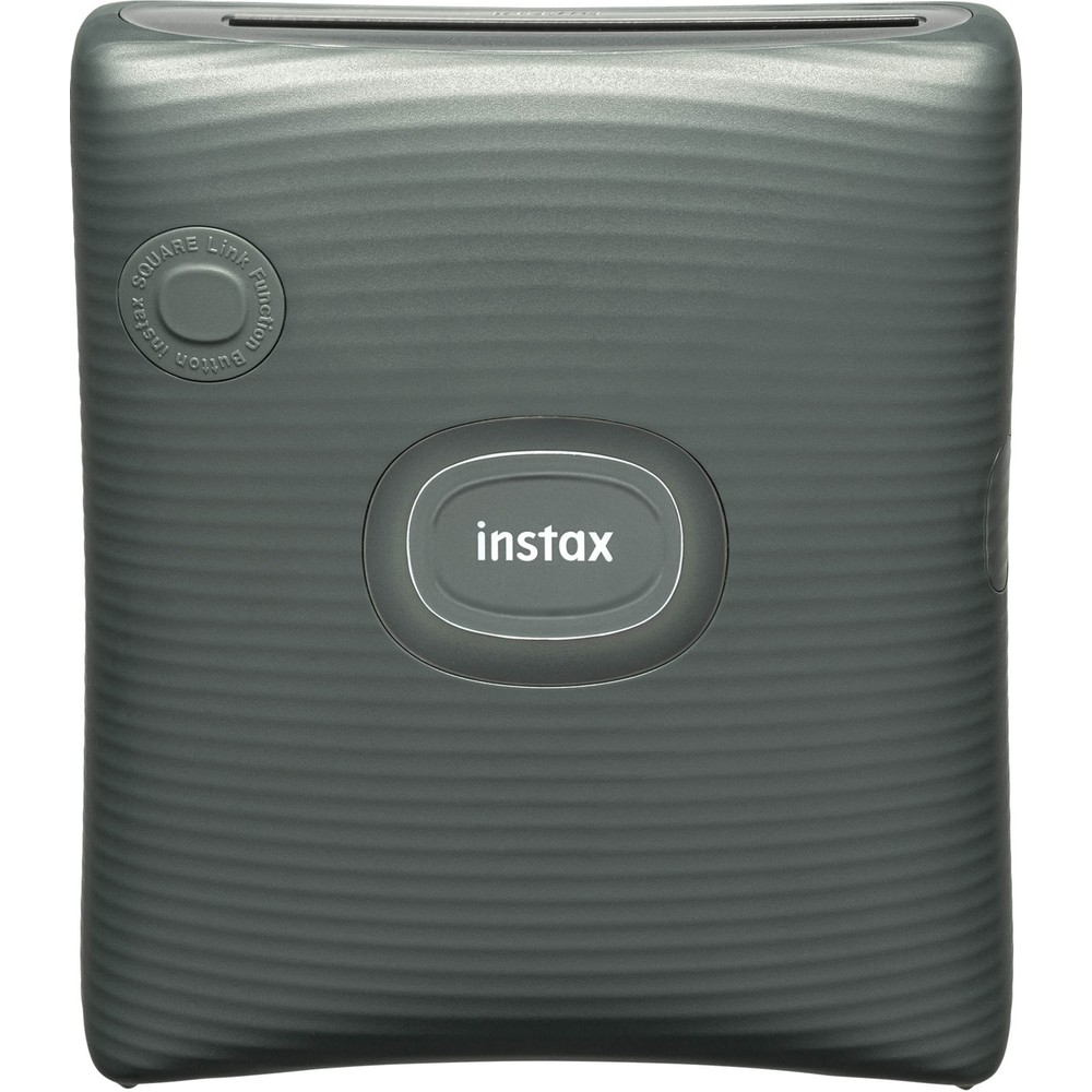 Dokusuna sahip gri Instax yazıcı ve Instax logosu.