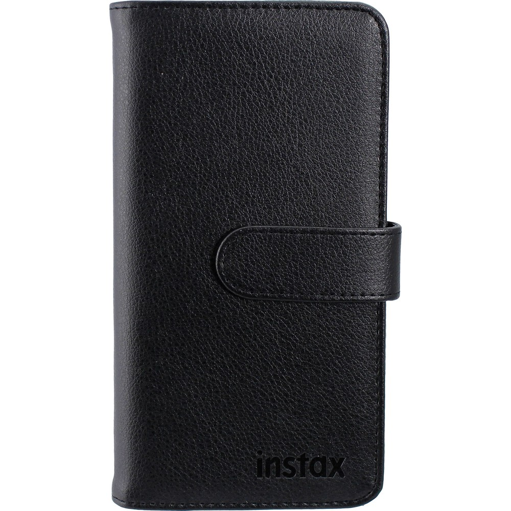 Instax logolu, kayışlı siyah deri cüzdan kılıfı.
