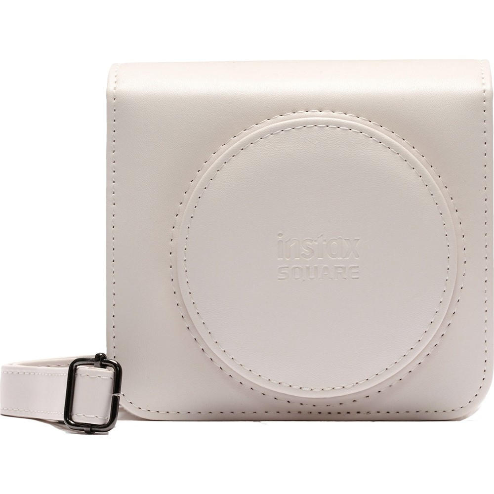 Instax SQUARE logolu ve ayarlanabilir askılı beyaz kamera çantası.