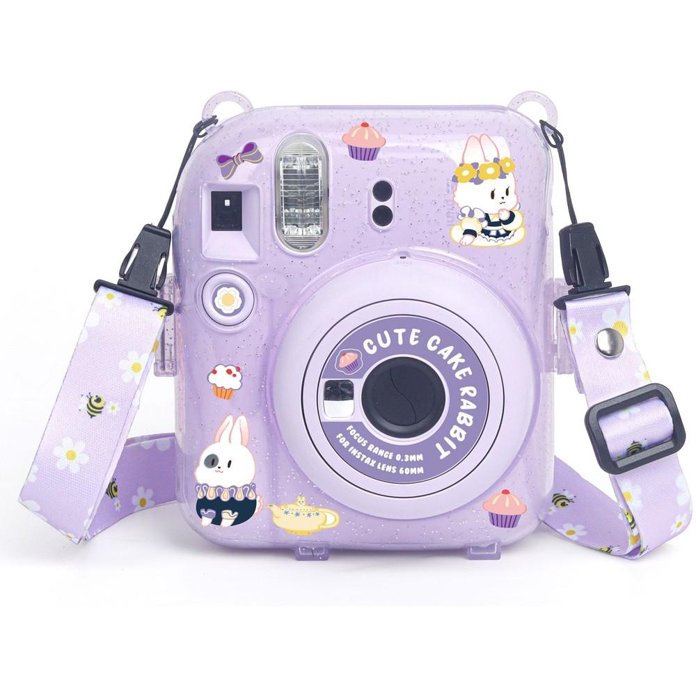 Sevimli çizgi film tavşan ve cupcake çıkartmalı, parlak mor anında fotoğraf makinesi.