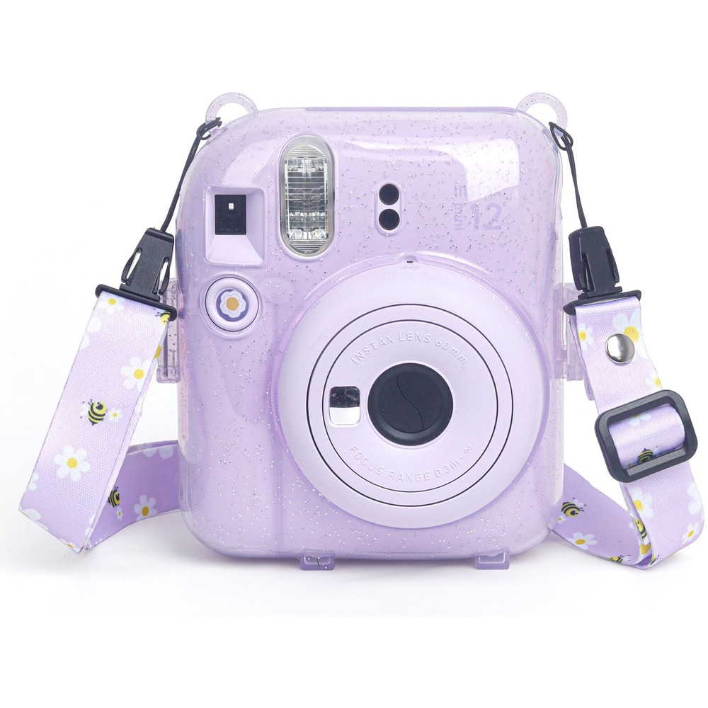 Arılı ve çiçekli kayışlı parlak lavanta anında fotoğraf makinesi.
