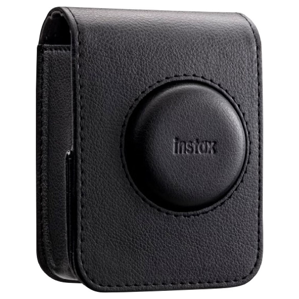 Kabartmalı "instax" logolu siyah deri kamera çantası.