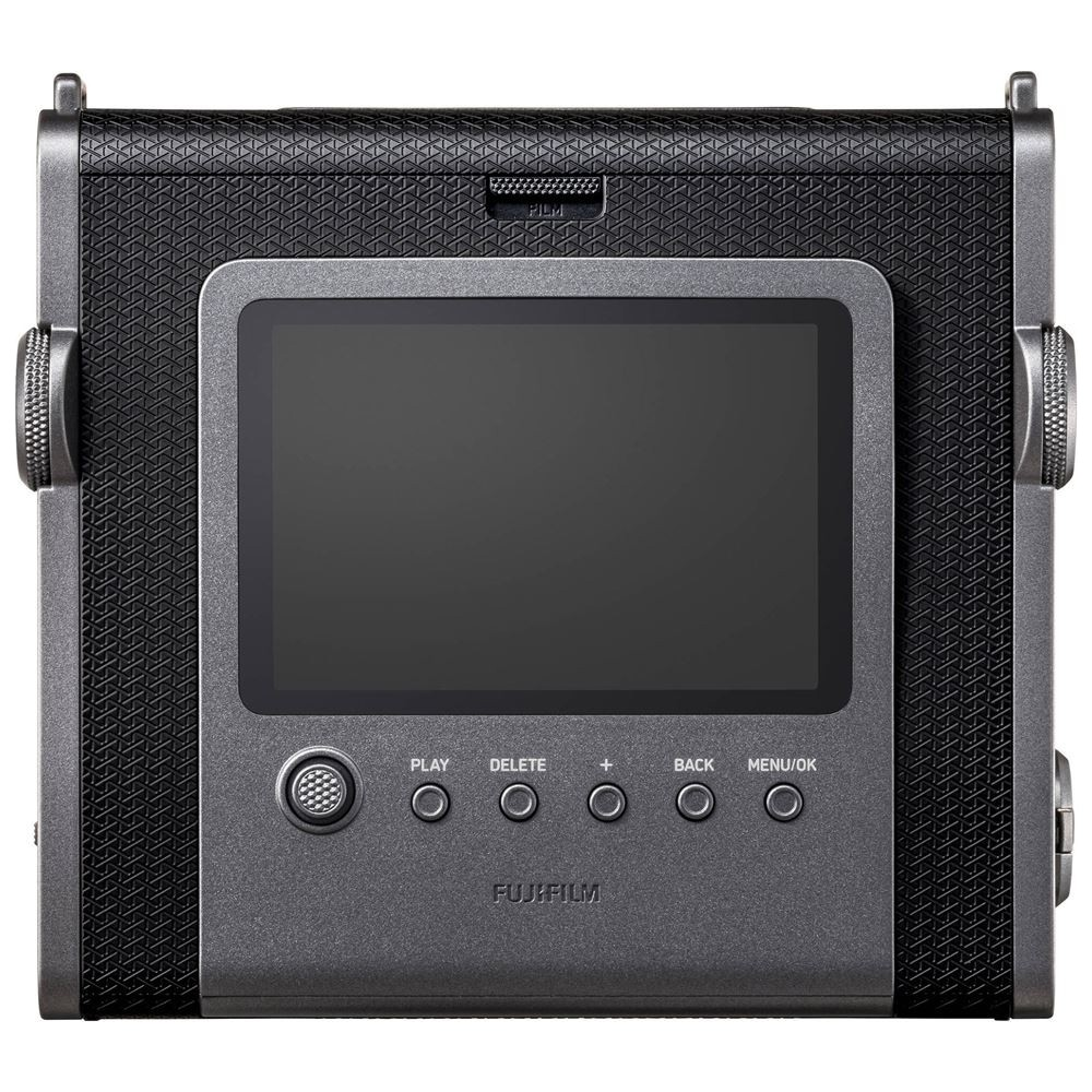 Kontrol düğmeleri olan gri bir Fujifilm anlık kamera ekranı.