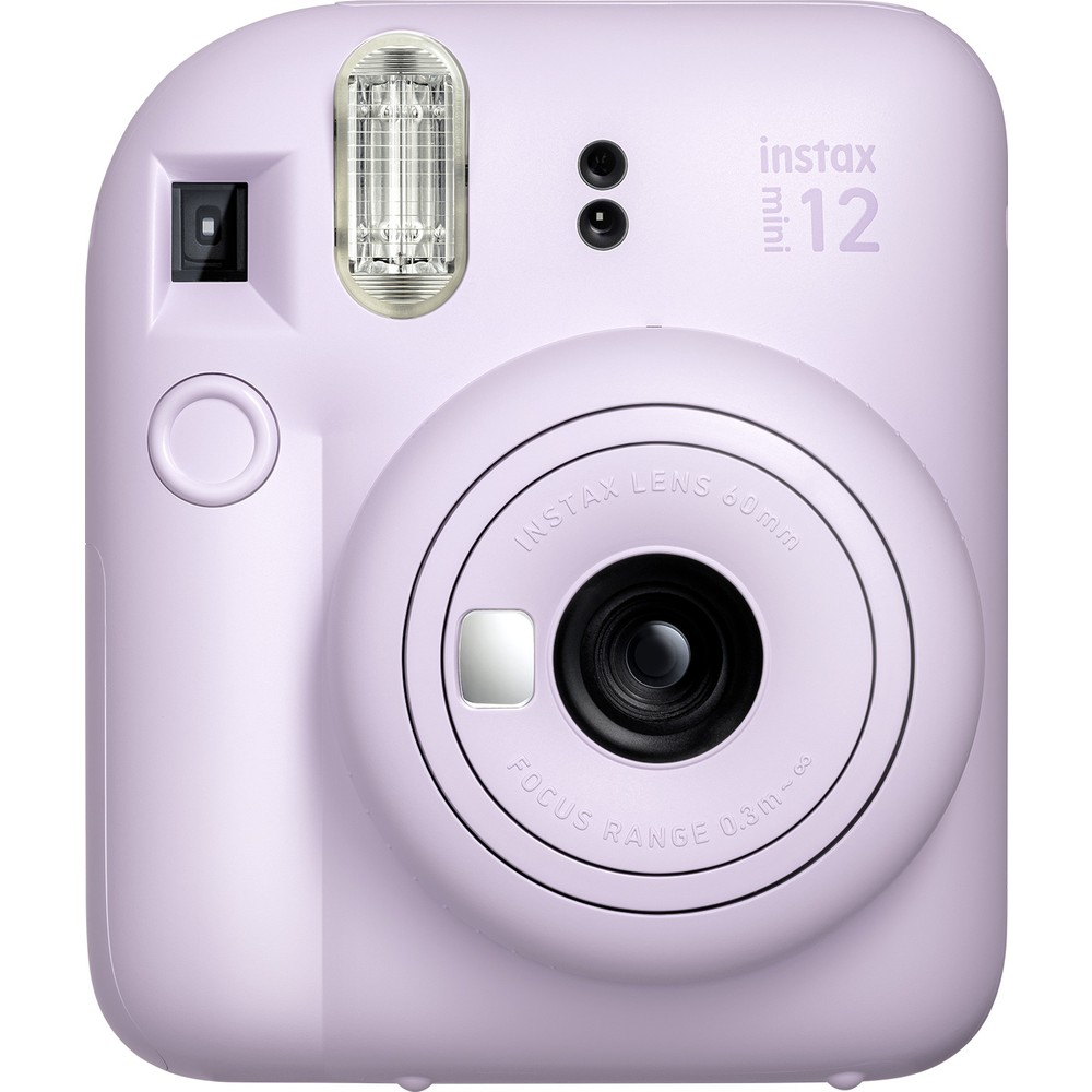 Flaşlı ve lensli açık mor Instax Mini 12 anlık fotoğraf makinesi.