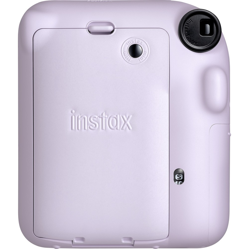 Işıklı mor Instax anında fotoğraf makinesinin arkası, vizör ve film bölmesi.