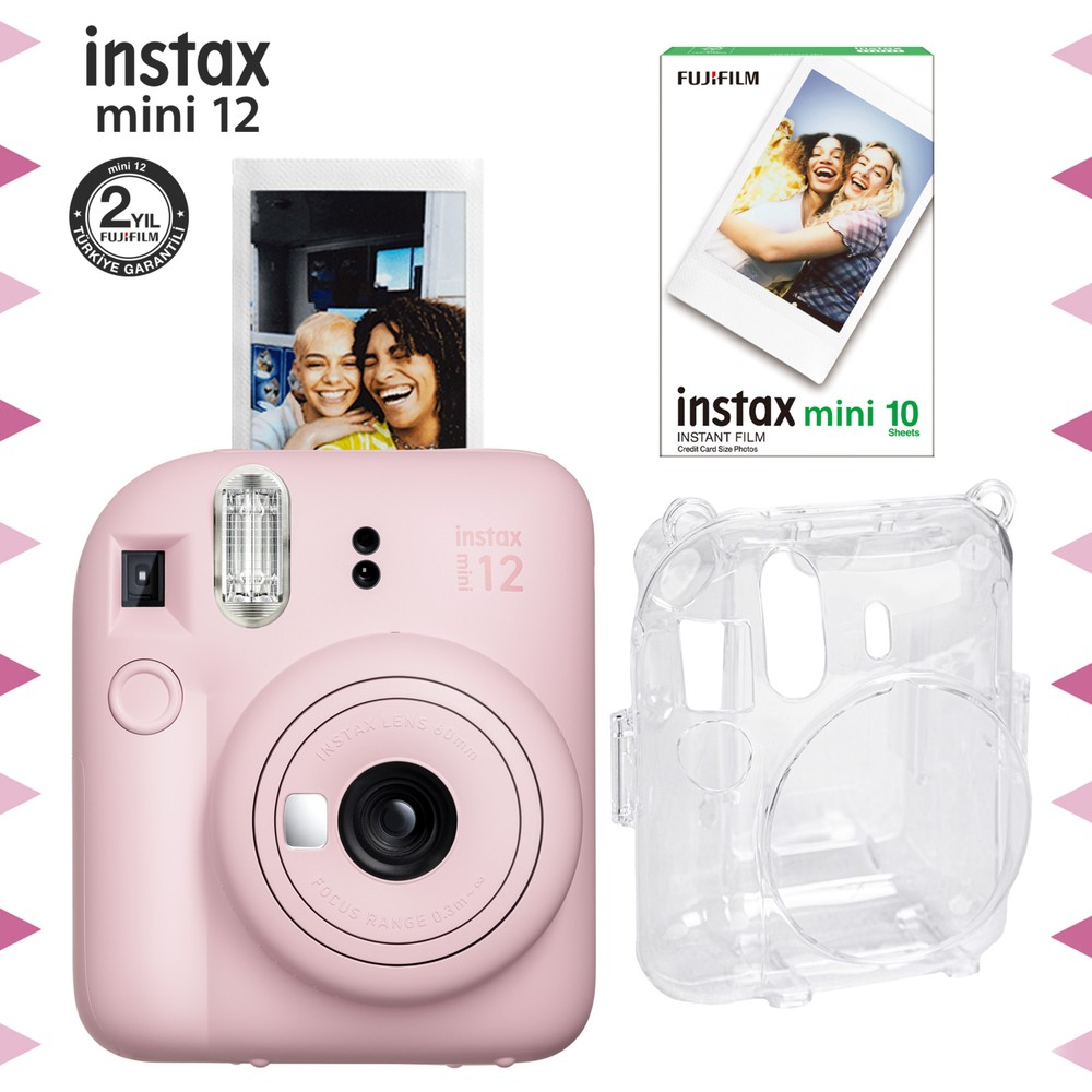 Pembe Instax Mini 12 kamera seti film ve k ılıfla birlikte.