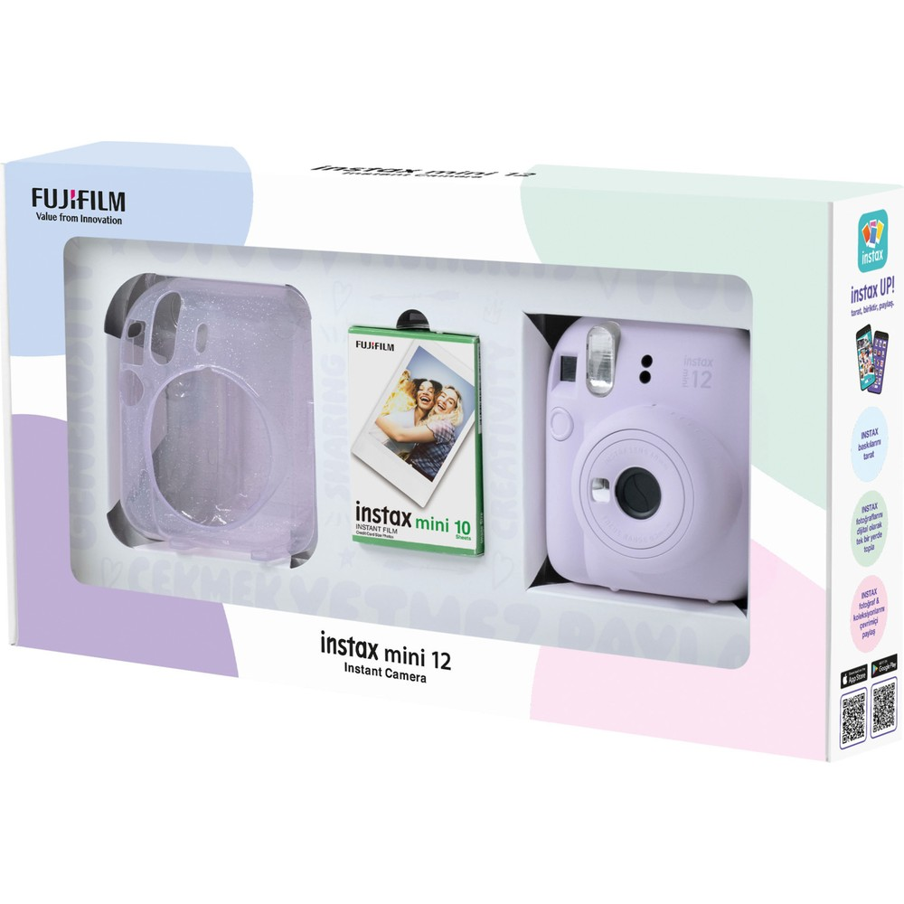 Mor Instax Mini 12 anında fotoğraf makinesi paketi, kamera, kılıf ve film ile.