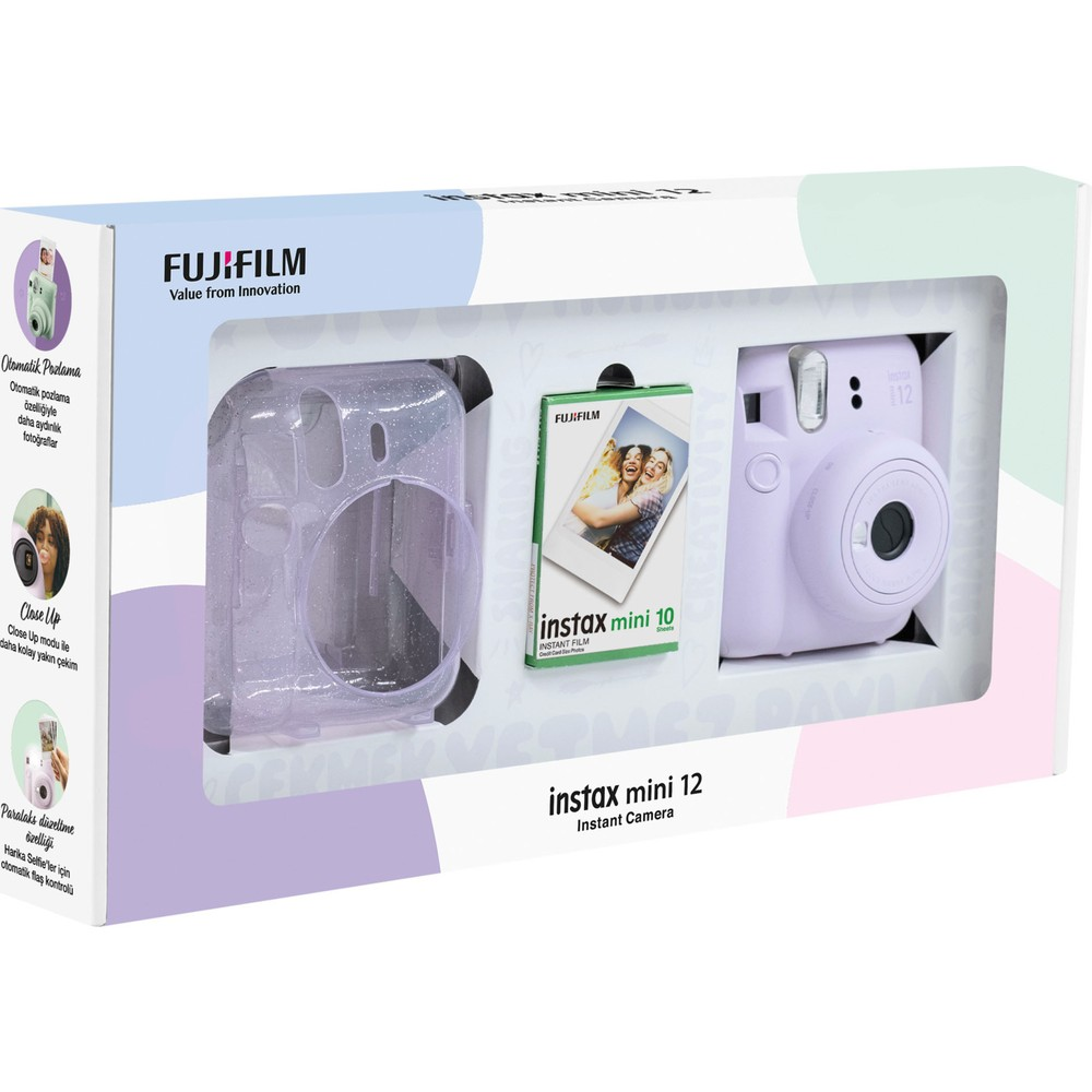 Instax Mini 12 anında fotoğraf makinesi seti, kılıf ve film paketiyle.