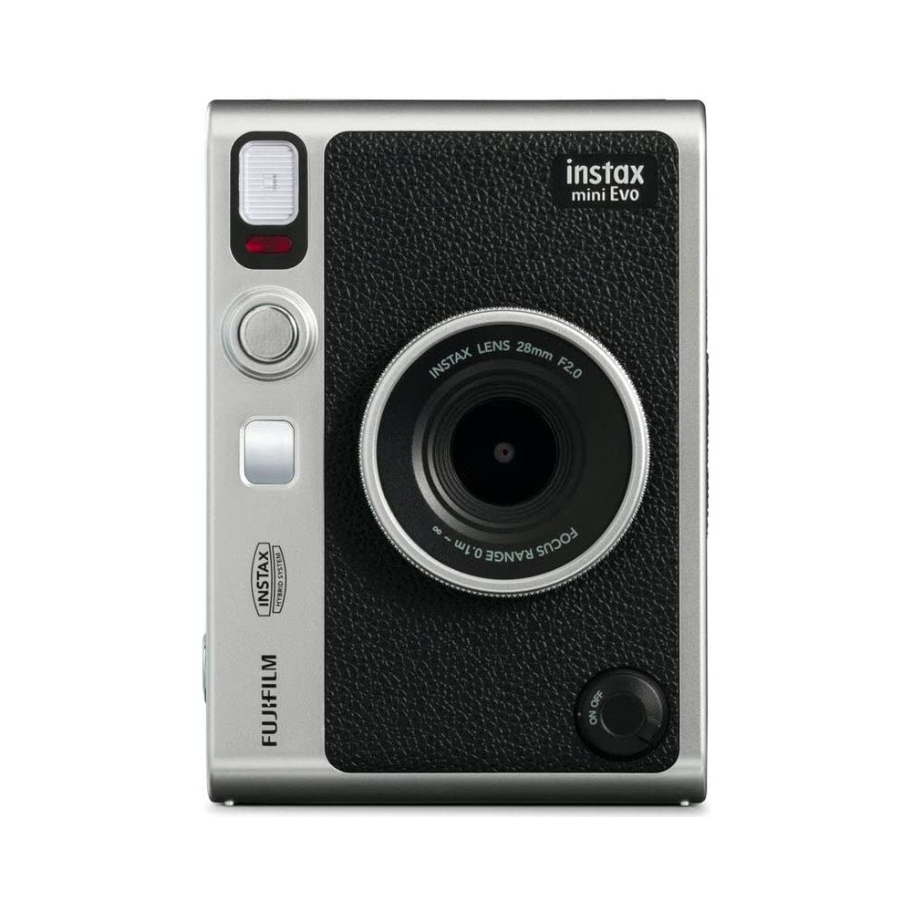 Gümüş Fujifilm Instax Mini Evo kamera, siyah deri kaplama ve lensli.