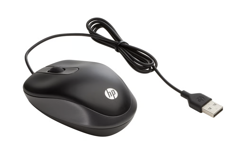 Mouse USB HP nero con rotellina di scorrimento e cavo nero su sfondo bianco.