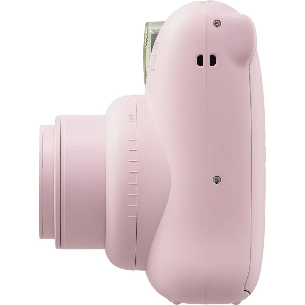 Pembe bir anlık kamera lens ve flaşlı, beyaz arka plan.