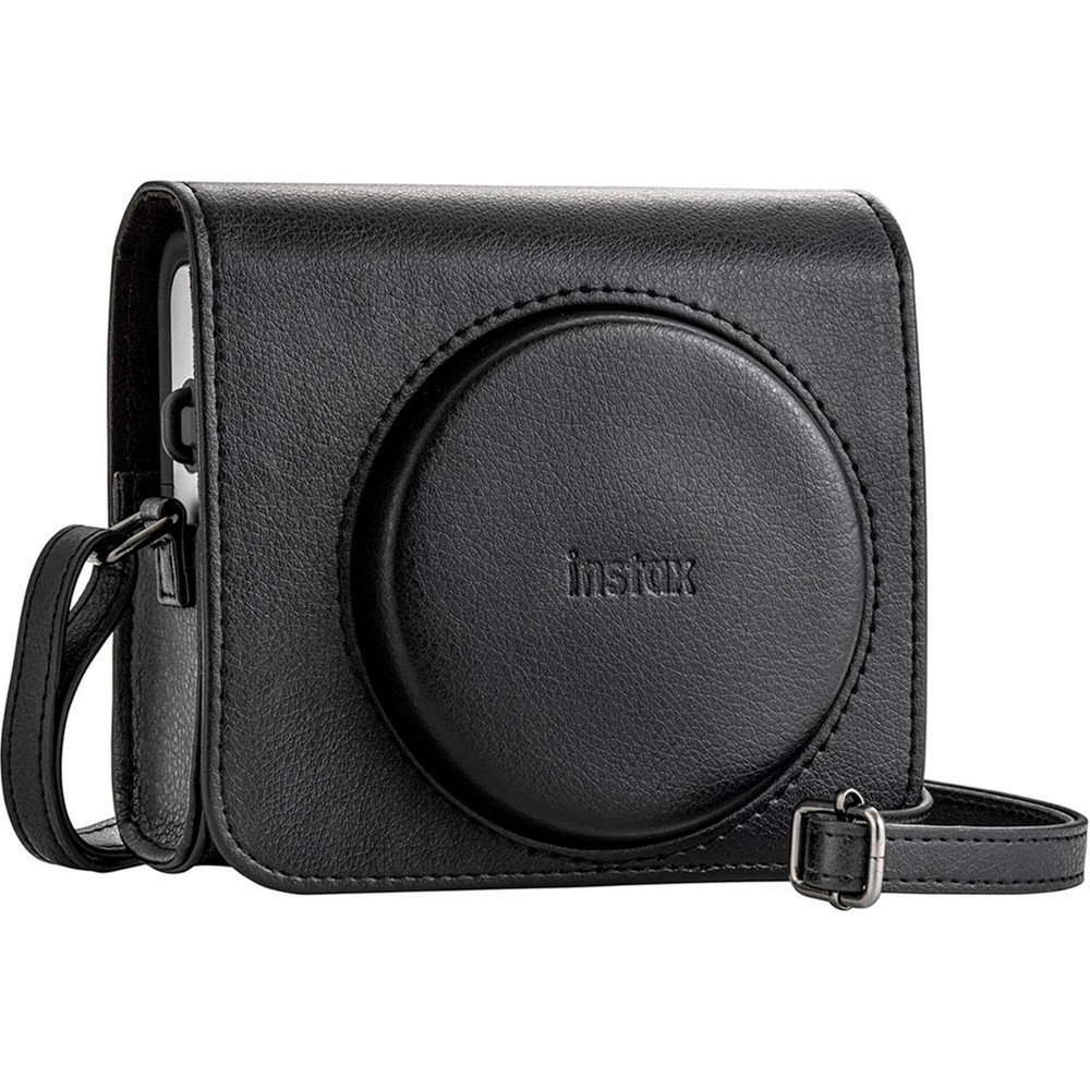 Metal tokalı siyah deri Instax kamera çantası.