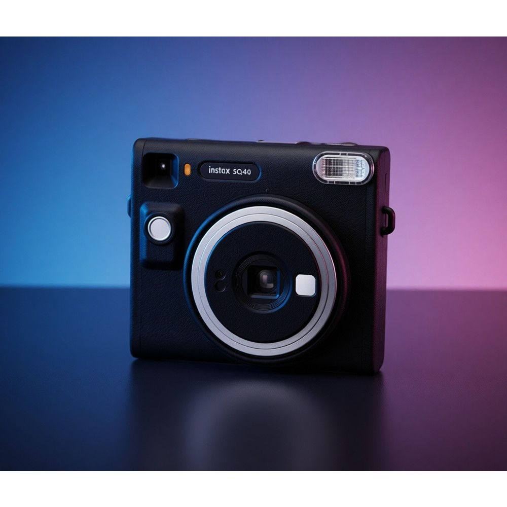 Lensin etrafında gümüş halka bulunan siyah Instax SQ40 kamera. Mavi ve pembe arka aydınlatma.