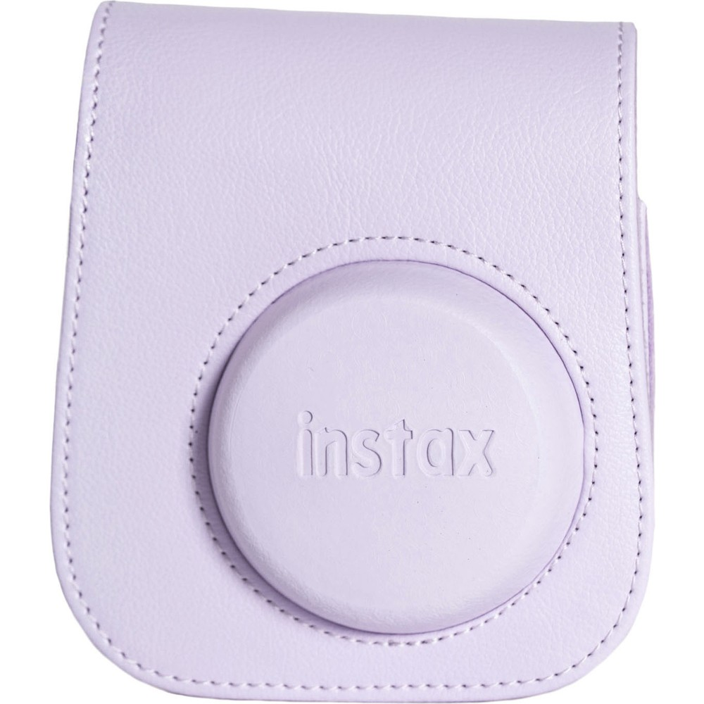 'Instax' kabartmalı, açık lavanta rengi deri kamera kılıfı.