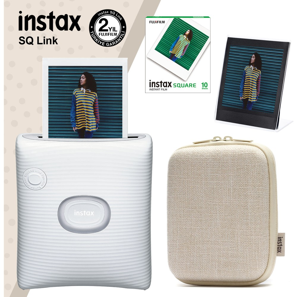 Instax SQ Link yazıcı, fotoğraf, film paketi, çerçeve ve kılıf ile.