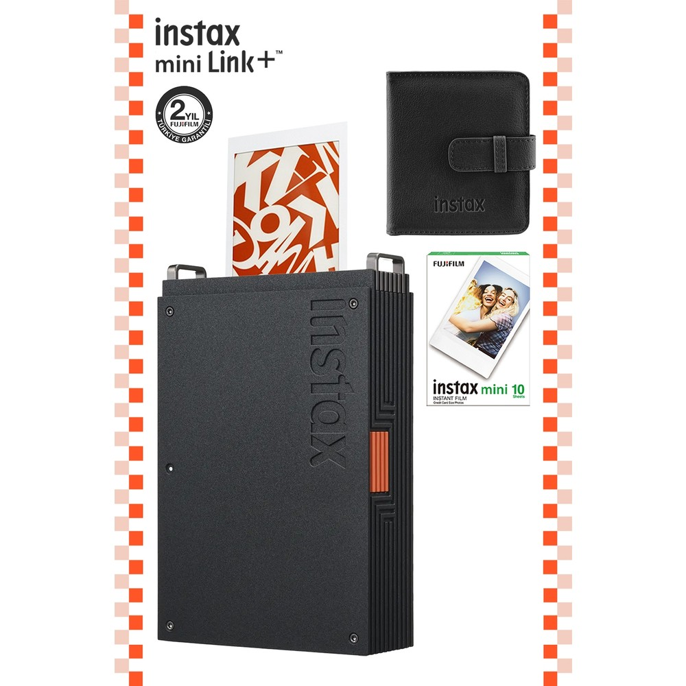 Instax Mini Link+ yazıcı, siyah kılıf, film paketi ve basılı fotoğraf.