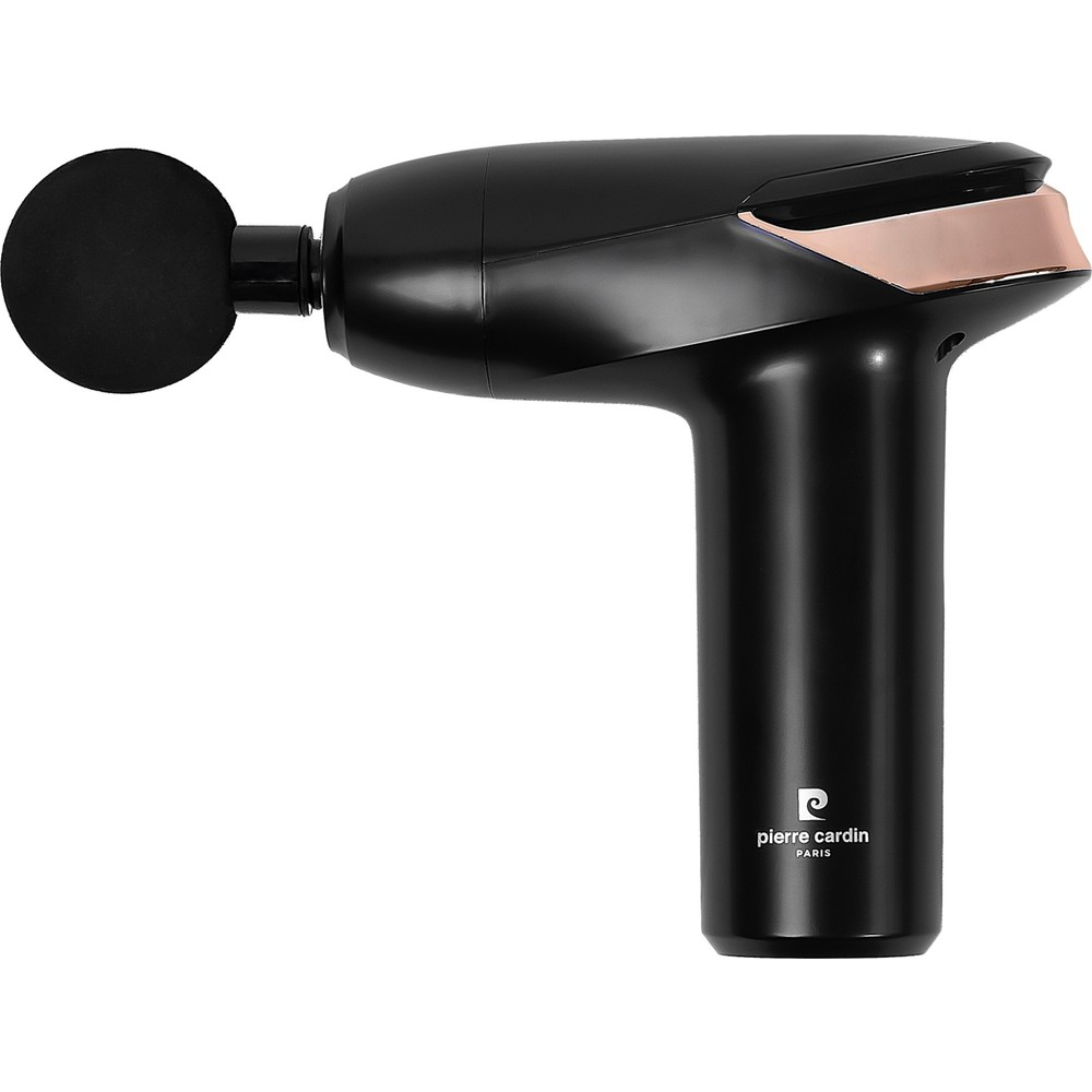 Yuvarlak başlıklı, rose gold aksanlı siyah masaj tabancası.