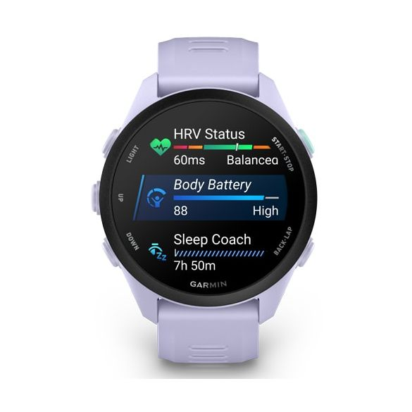 Un reloj inteligente lavanda muestra estado HRV, Batería Corporal y Coach de Sueño.