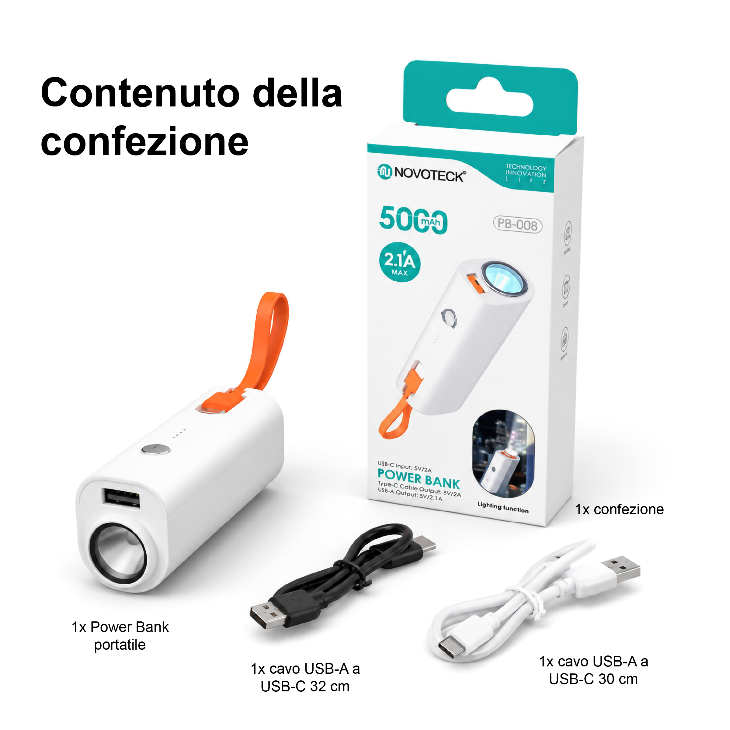 Un set di power bank con una power bank bianca, due cavi di ricarica e confezione.