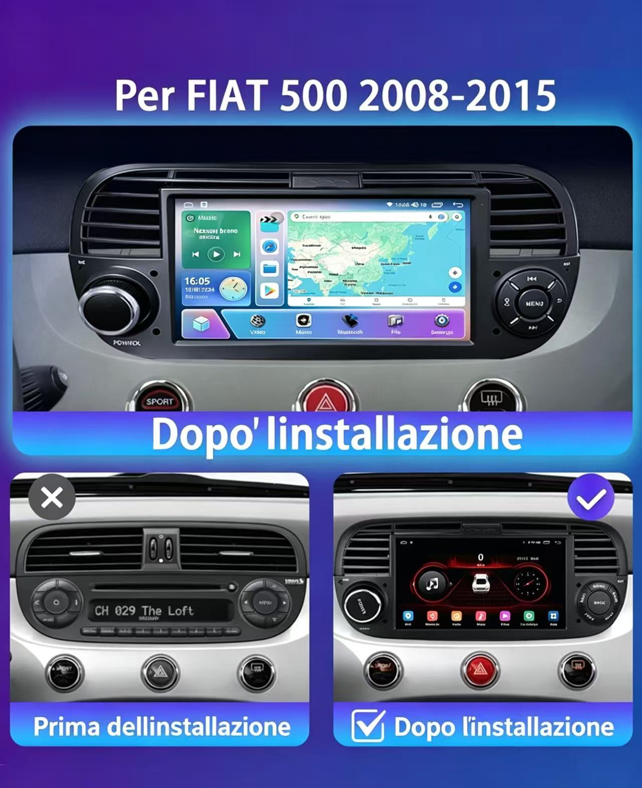 Aggiornamento autoradio per Fiat 500 (2008-2015) prima e dopo.