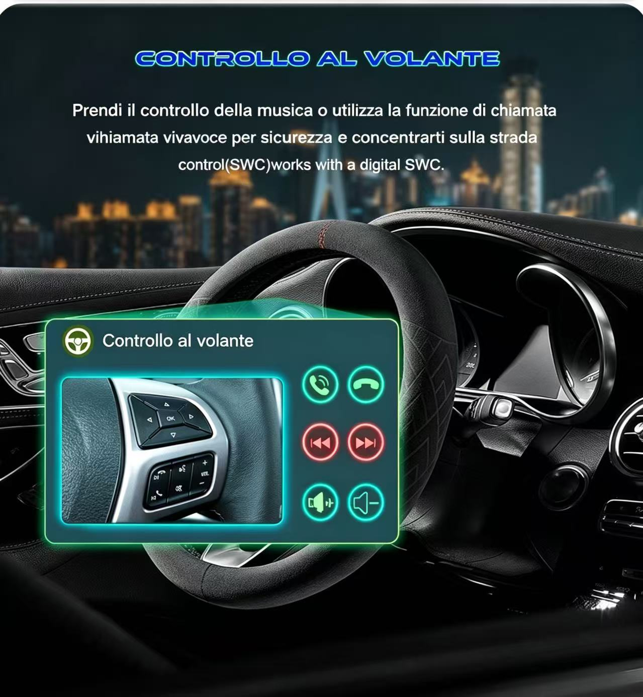 Vista di un volante con controlli e icone per musica e chiamate.
