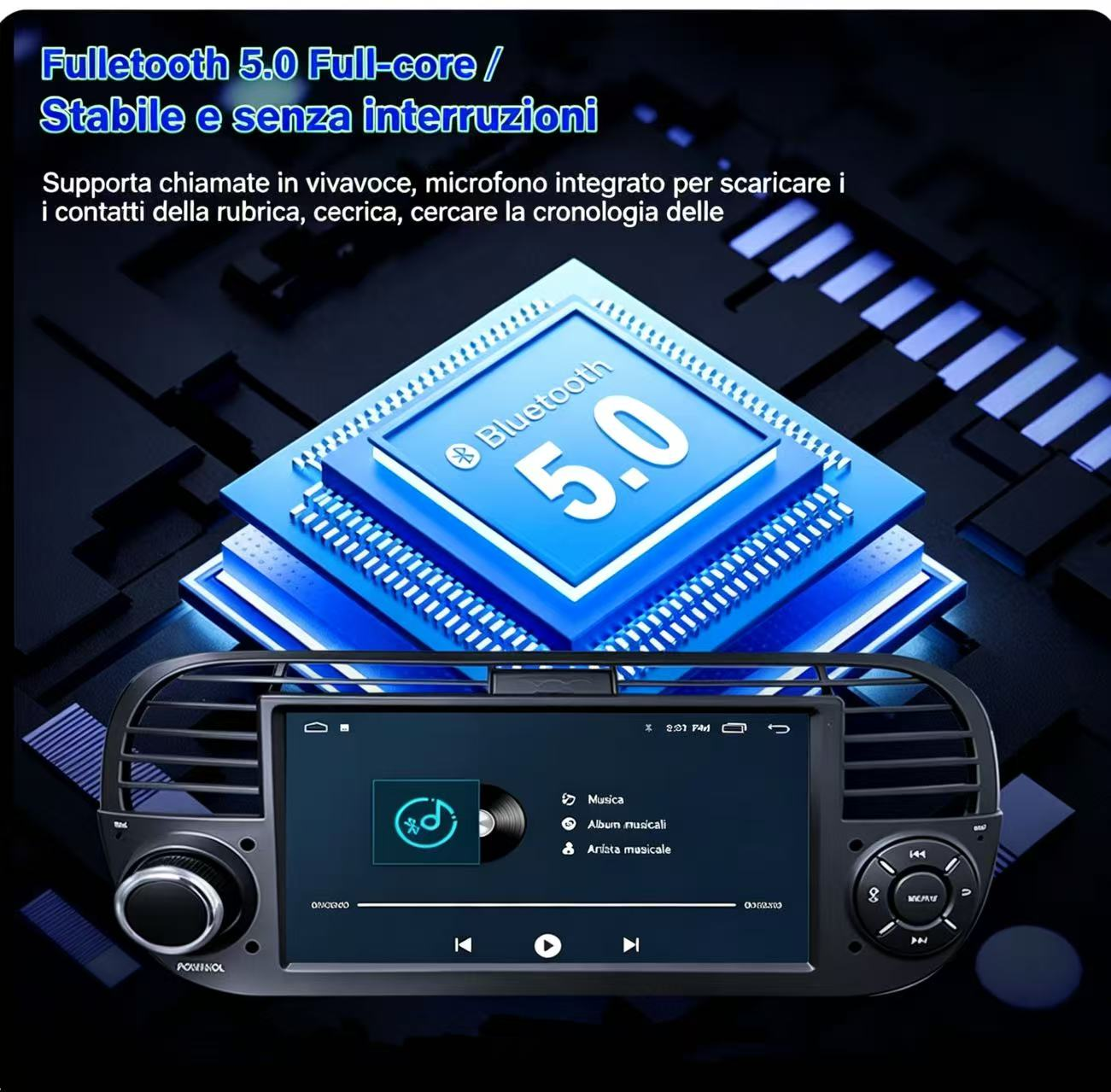 Display autoradio con Bluetooth 5.0 e interfaccia musicale, su sfondo di chip stilizzato.