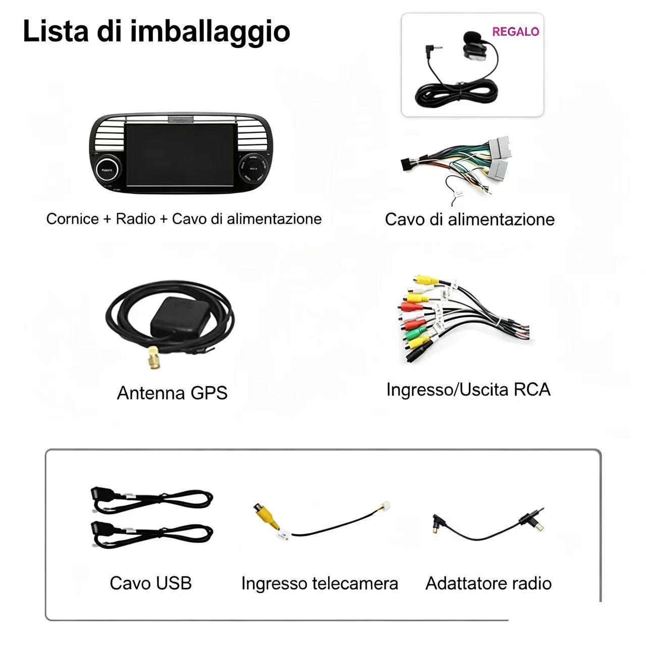 Lista imballaggio: radio, cavi, antenna, RCA, USB, telecamera, adattatore.