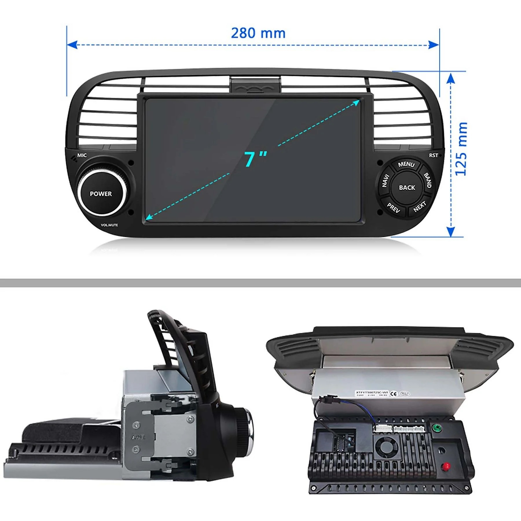 Un'autoradio da 7 pollici con pulsanti e porte, dimensioni 280x125 mm.