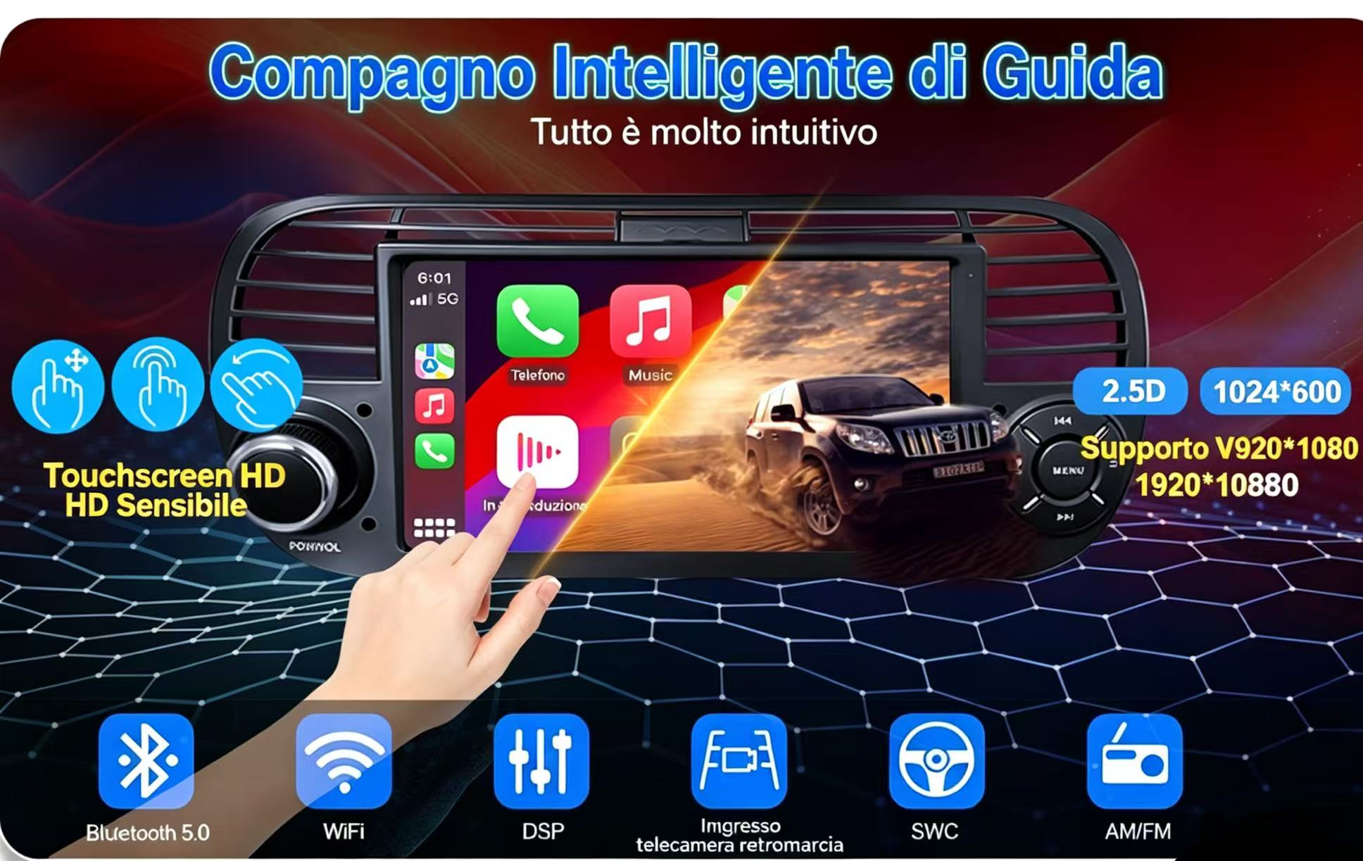 Sistema di infotainment per auto con touchscreen, mostra un SUV che guida.
