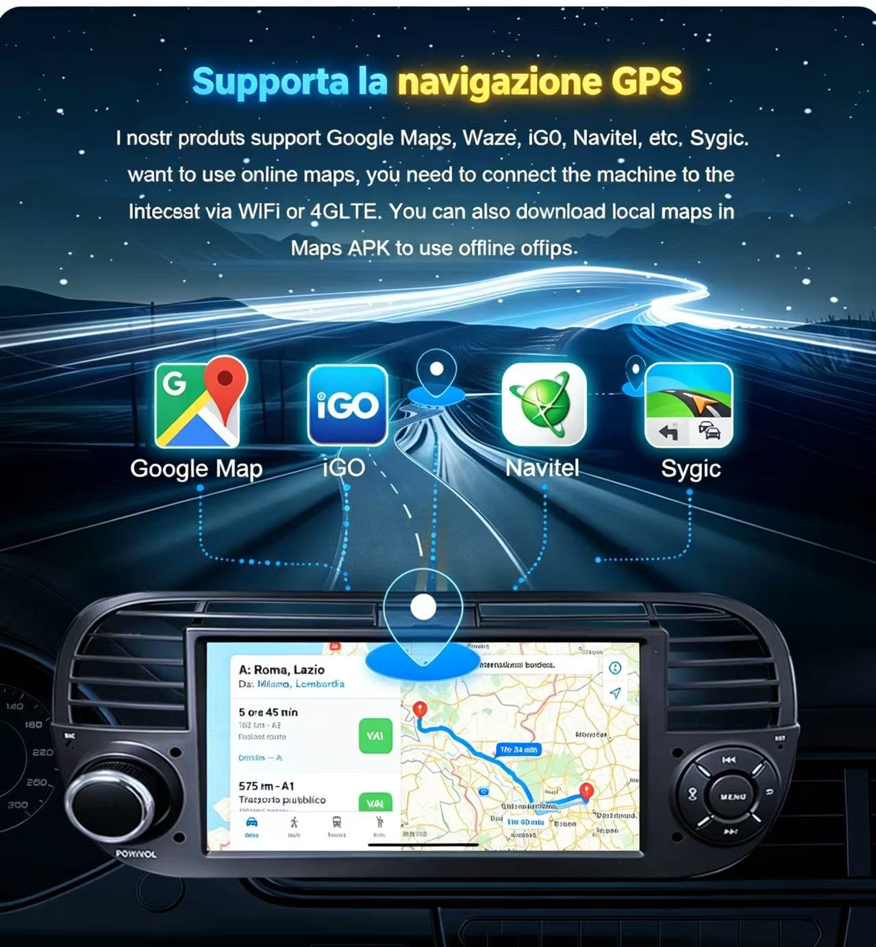 Icone di app di navigazione sopra lo schermo di una autoradio con navigazione satellitare.