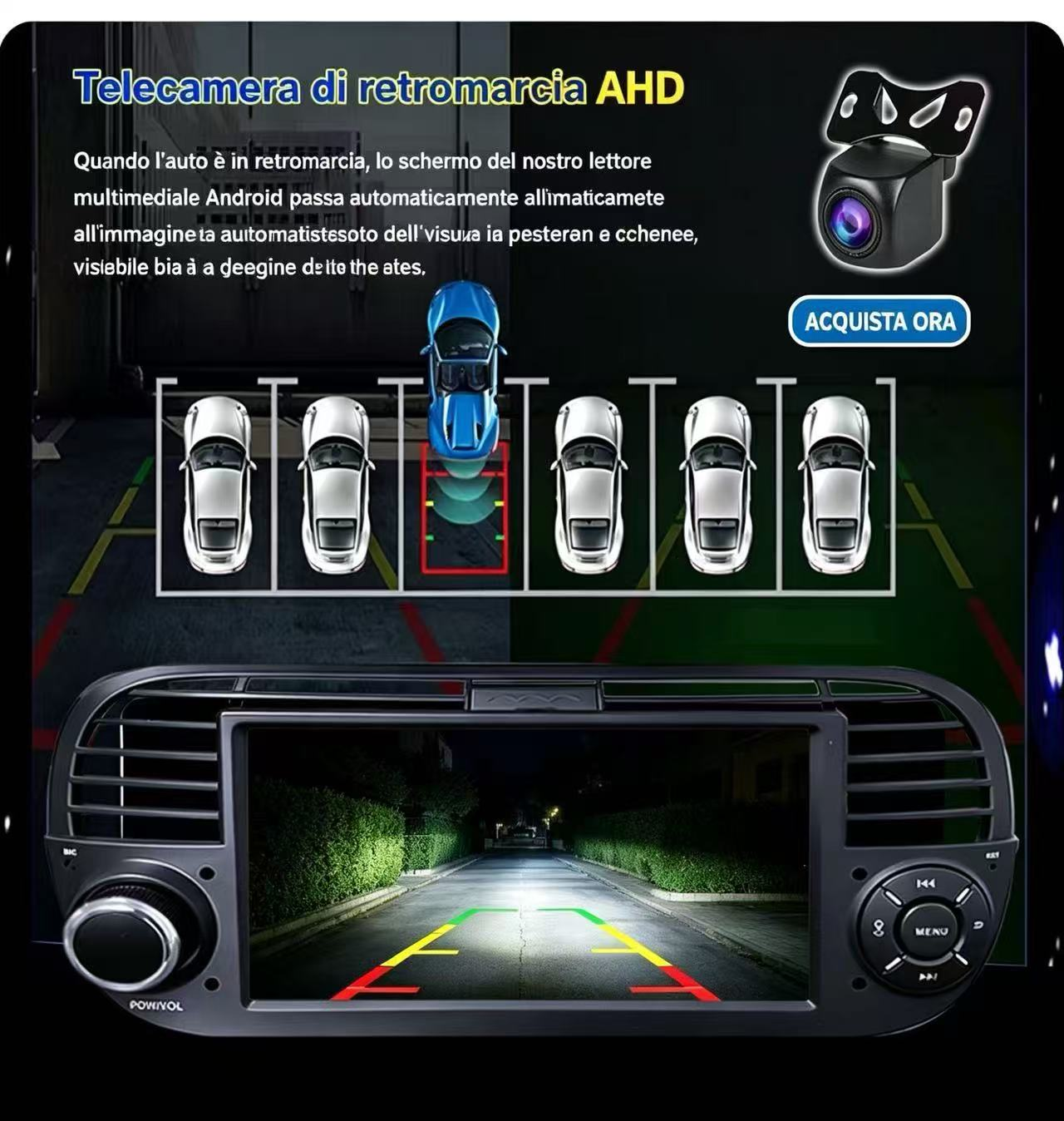 Telecamera retromarcia con sensori parcheggio mostra auto e autoradio.