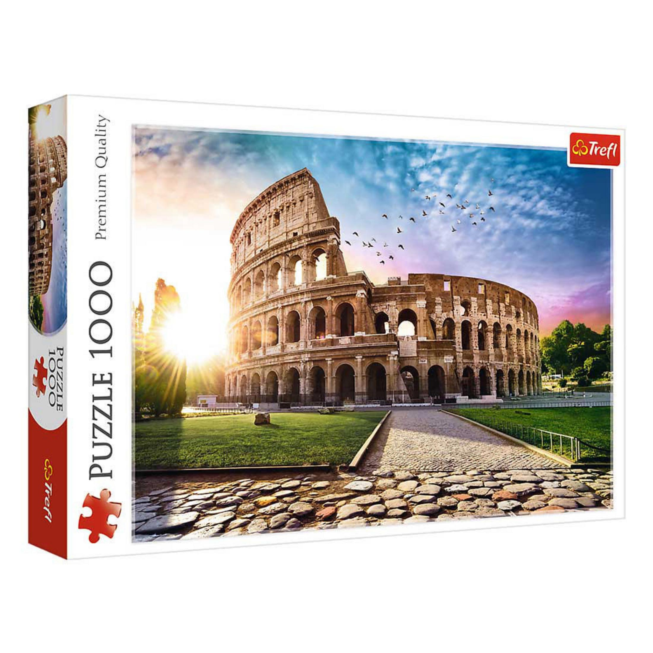 Il Colosseo di Roma al tramonto con uccelli nel cielo.