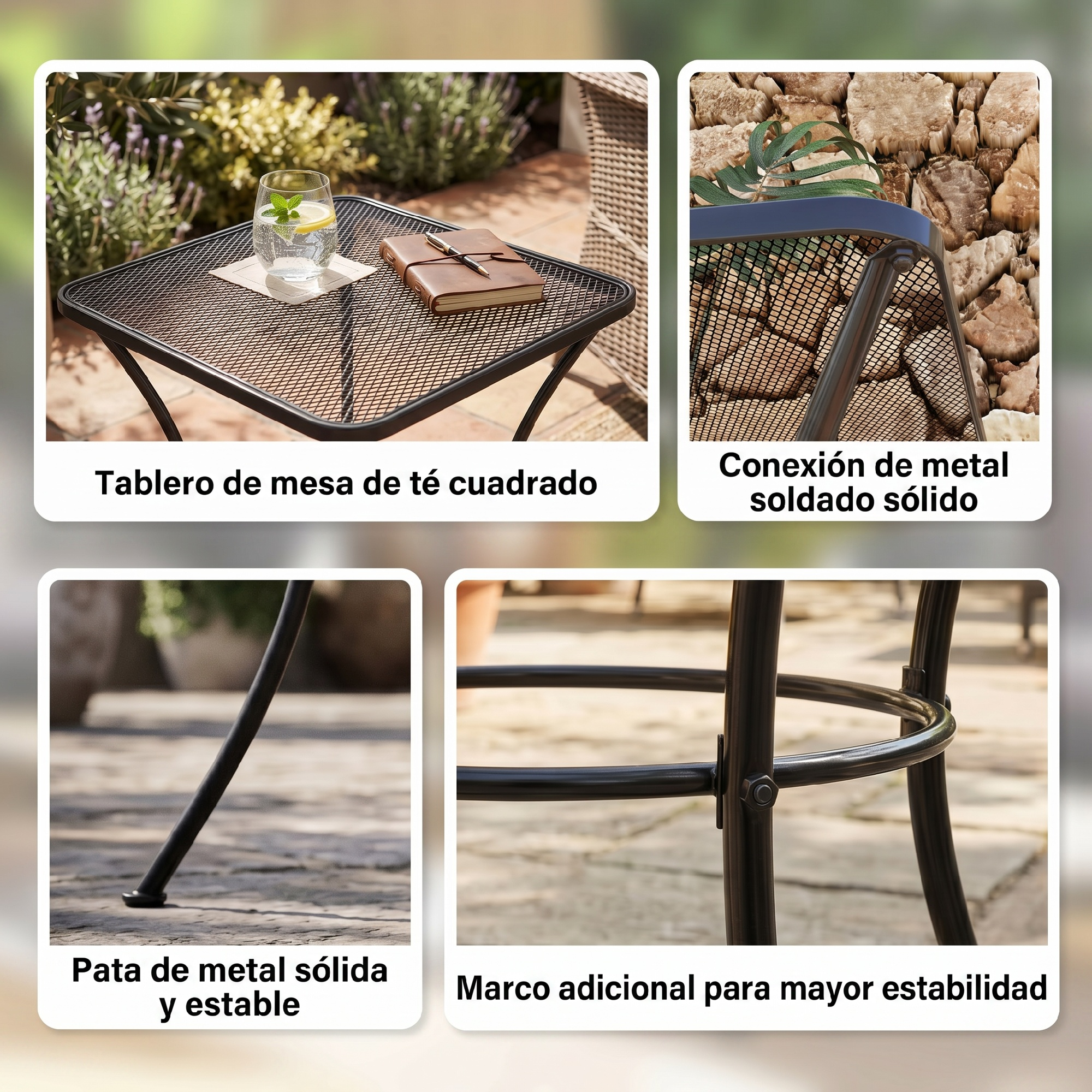 Mesa de jardín de malla metálica con vaso y libreta. Primeros planos de pata y estructura.