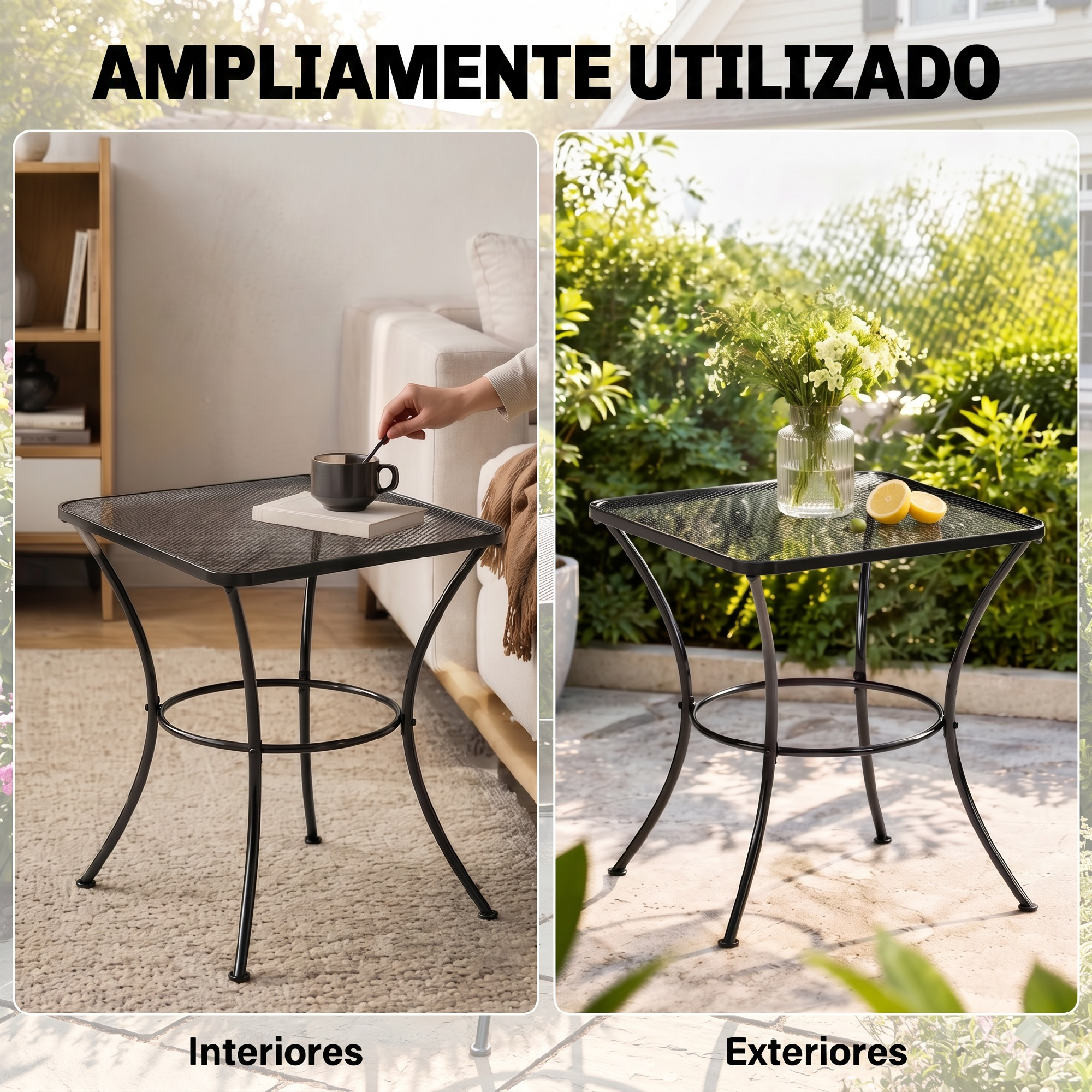 Una mesa de metal negra en interiores y exteriores, con taza y limones.