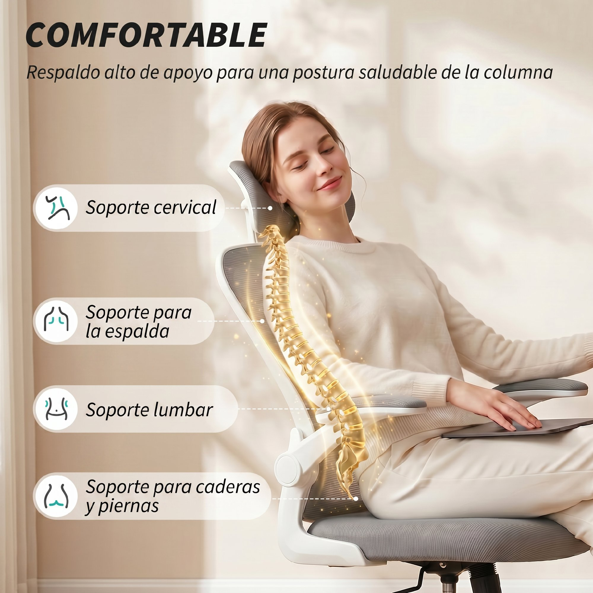 Una mujer sentada en una silla de oficina, mostrando soporte para la columna.