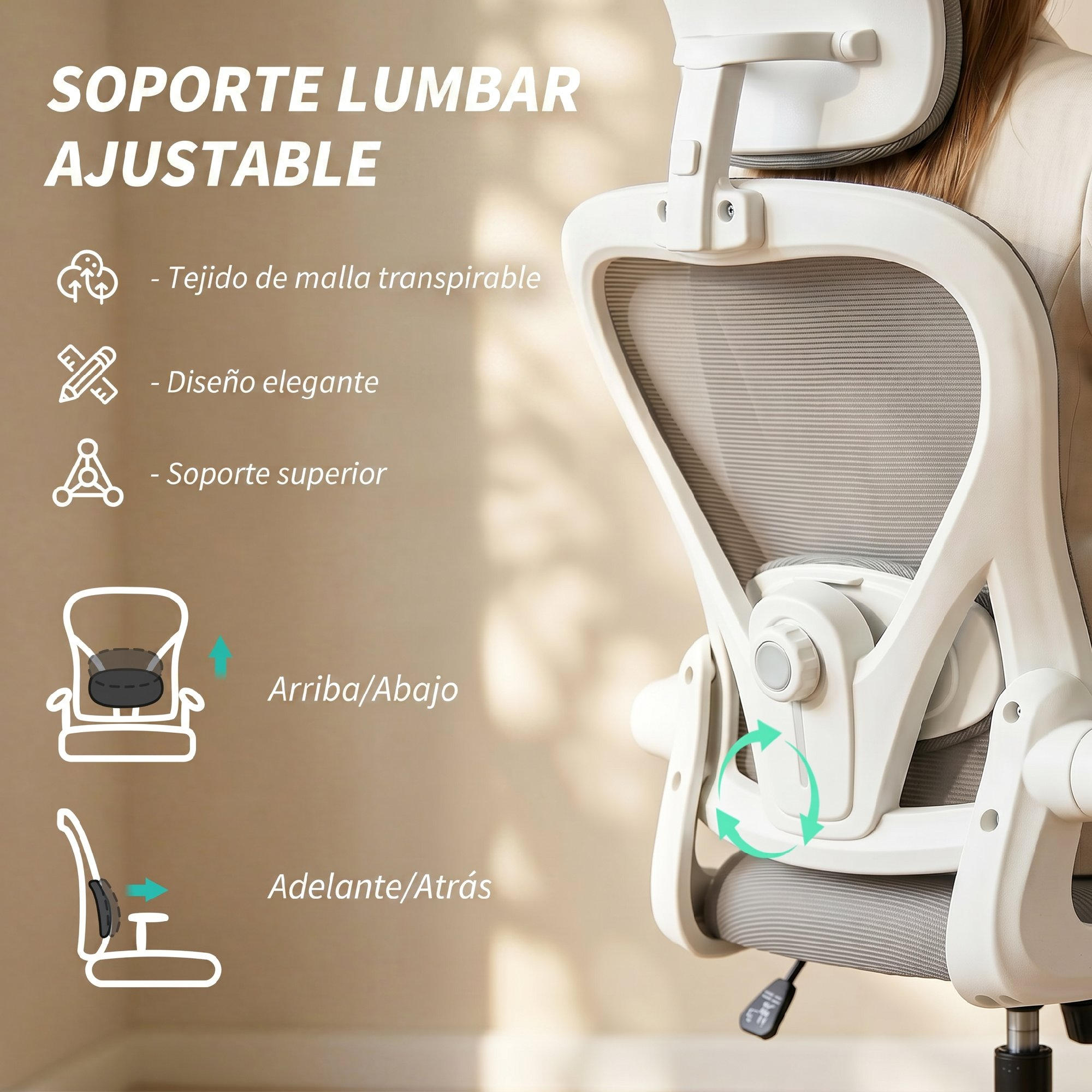 Soporte lumbar ajustable en silla de oficina con malla transpirable y opciones de ajuste.