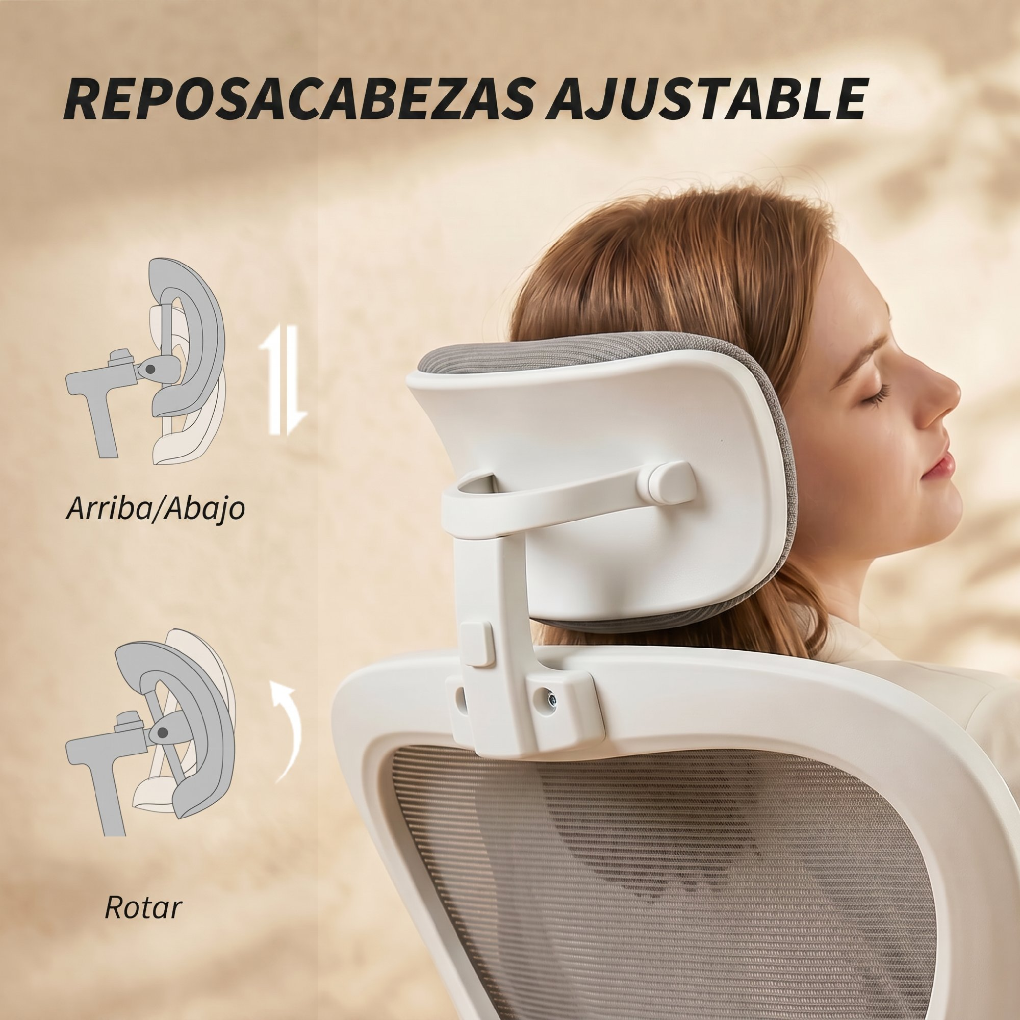 Mujer apoya la cabeza en reposacabezas ajustable. Diagrama muestra ajustes arriba/abajo y girar.