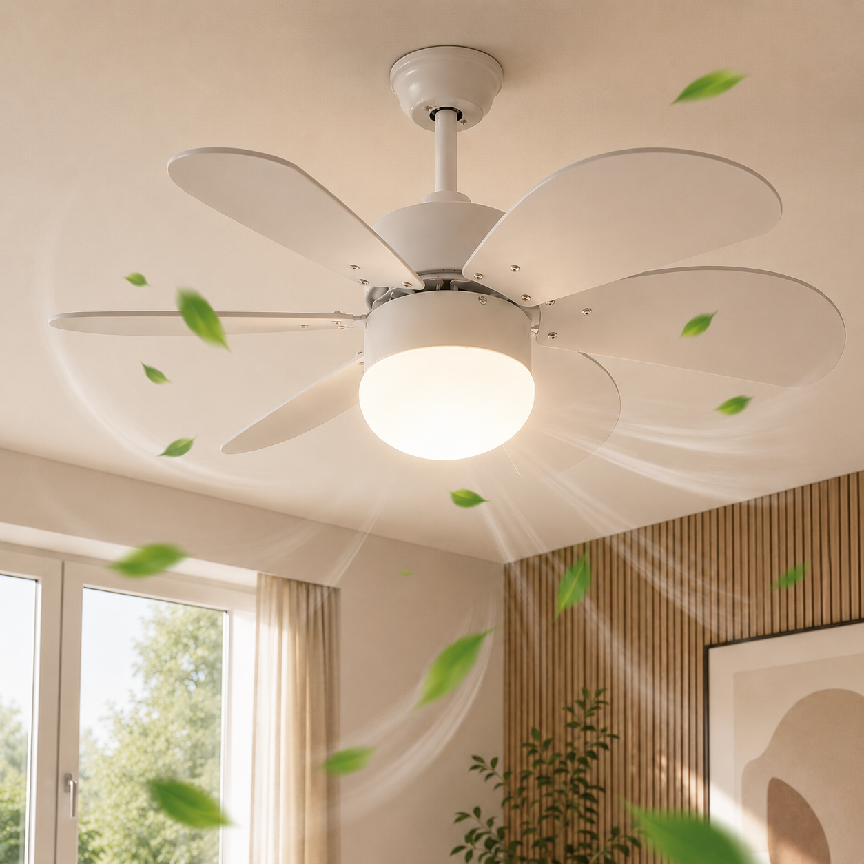 Ein weier Deckenventilator mit Licht dreht sich und erzeugt Luftstrom mit Blättern.