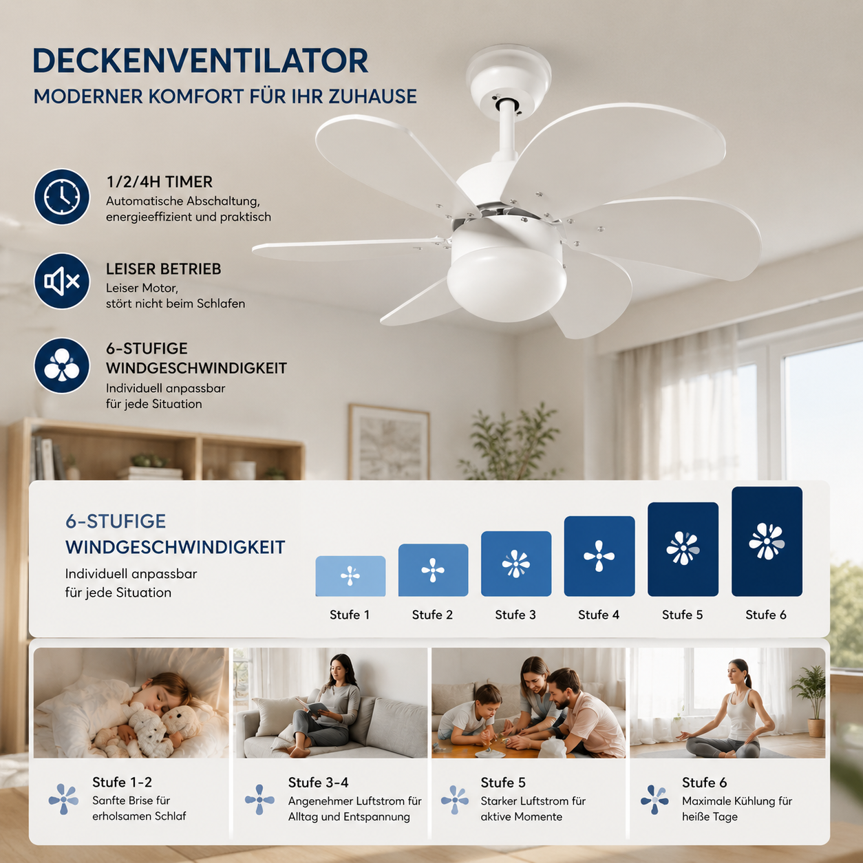 Deckenventilator mit 6 Stufen, Timer und leisem Betrieb für Zuhause.