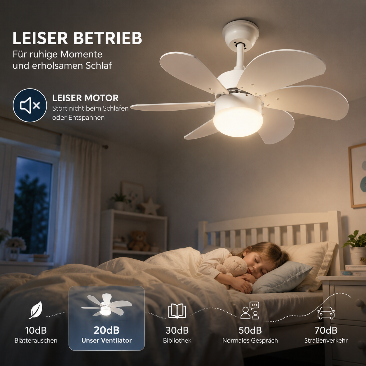 Ein leiser Deckenventilator mit Licht über einem schlafenden Kind im Bett.