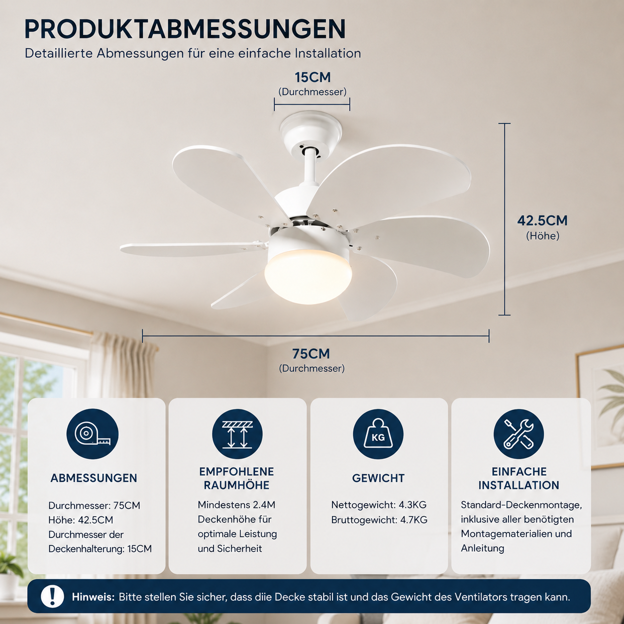 Weiße Deckenventilator-Montage mit Maßangaben: 75cm Durchmesser, 42,5cm Höhe, 15cm Halterung.