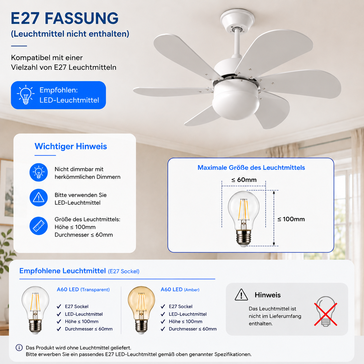 Deckenventilator mit Licht. Informationen zu E27 Fassung und LED-Leuchtmitteln.