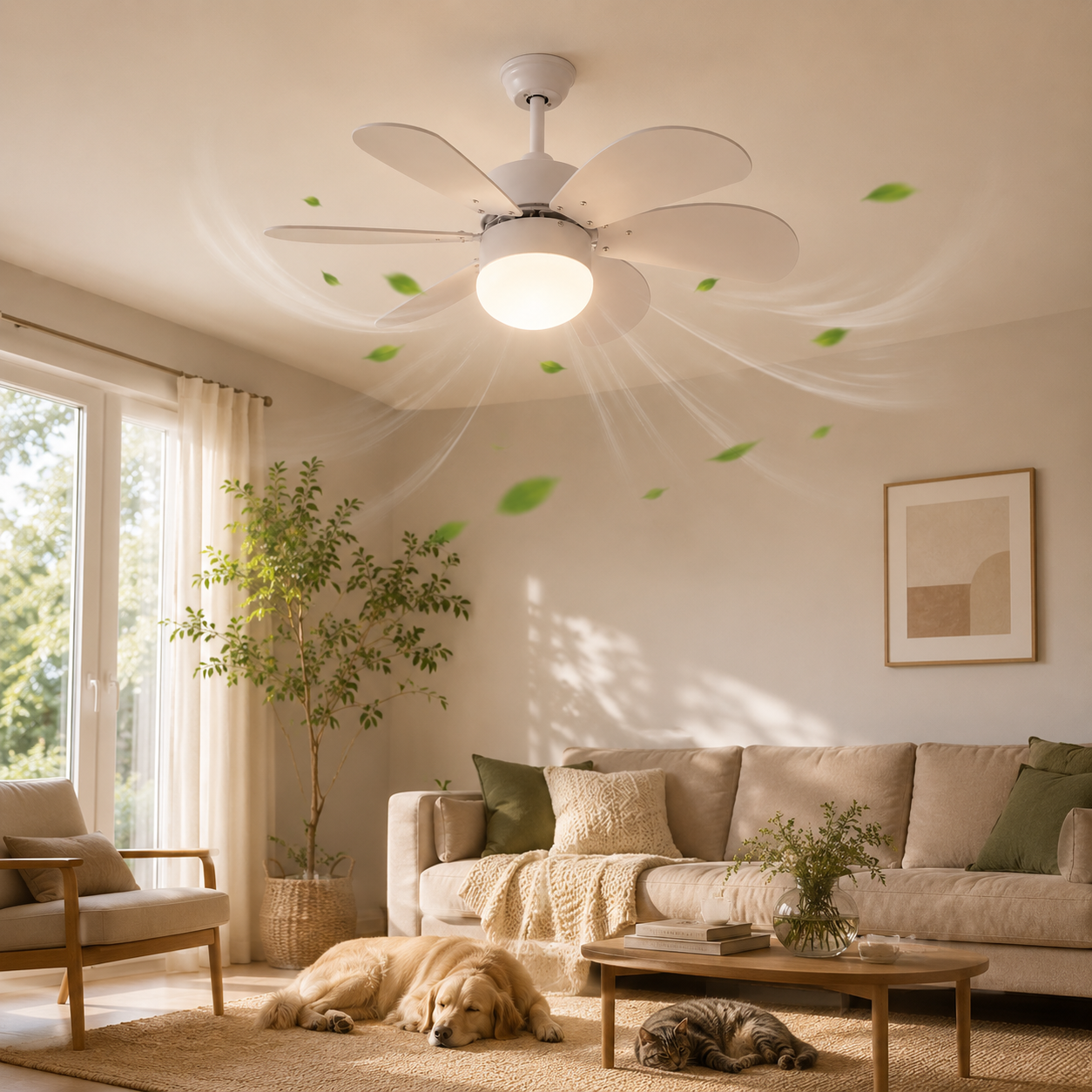 Ein Deckenventilator mit Licht zirkuliert Luft und Blätter in einem Wohnzimmer mit Sofa und Tieren.