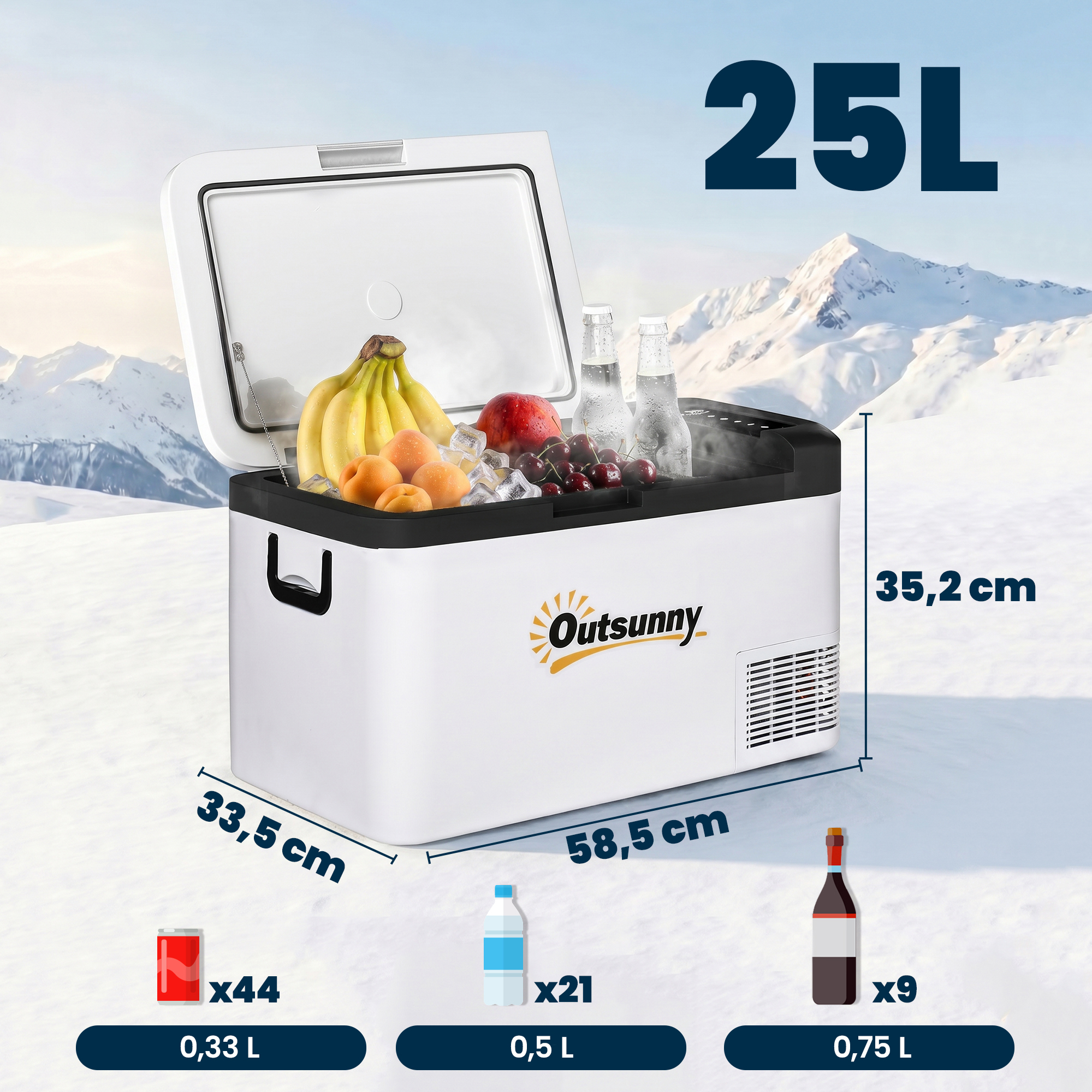 Un refrigerador blanco de 25L con frutas y botellas, sobre montañas nevadas.
