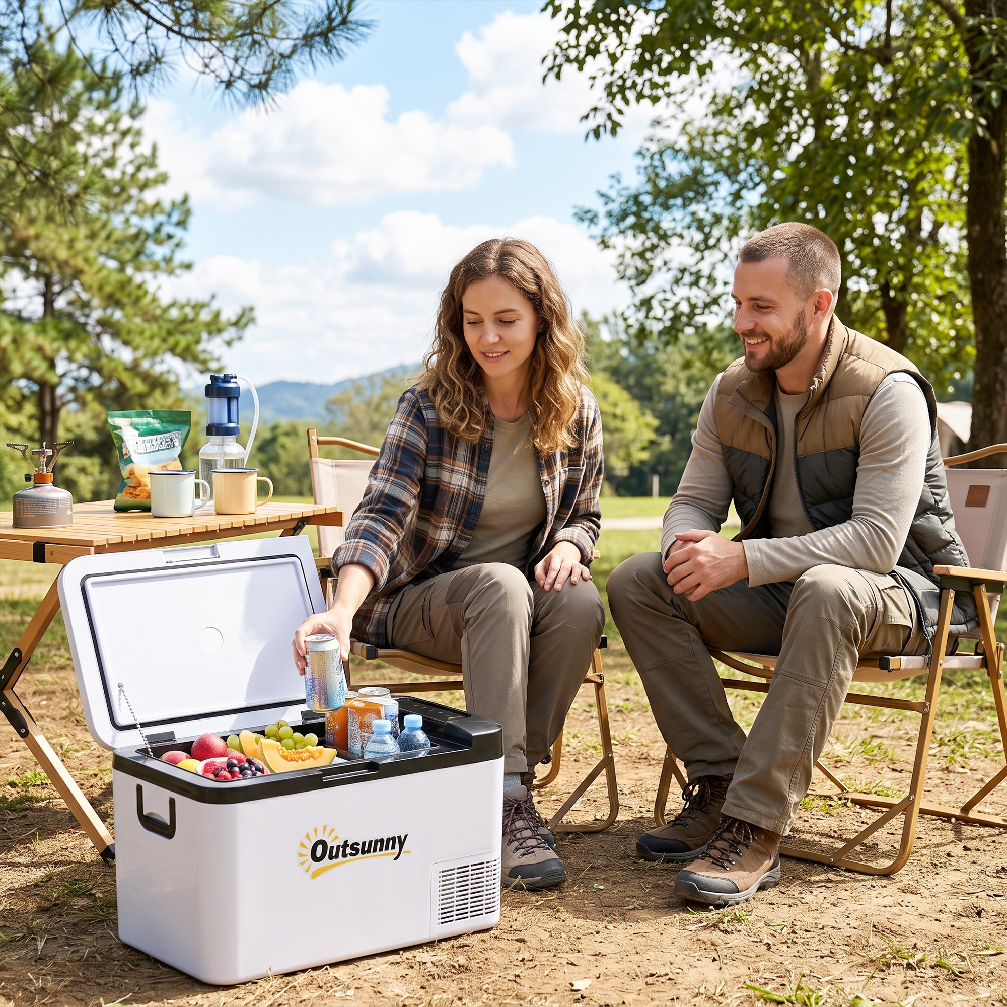 Pareja acampando con una nevera llena de fruta, bebidas y aperitivos.